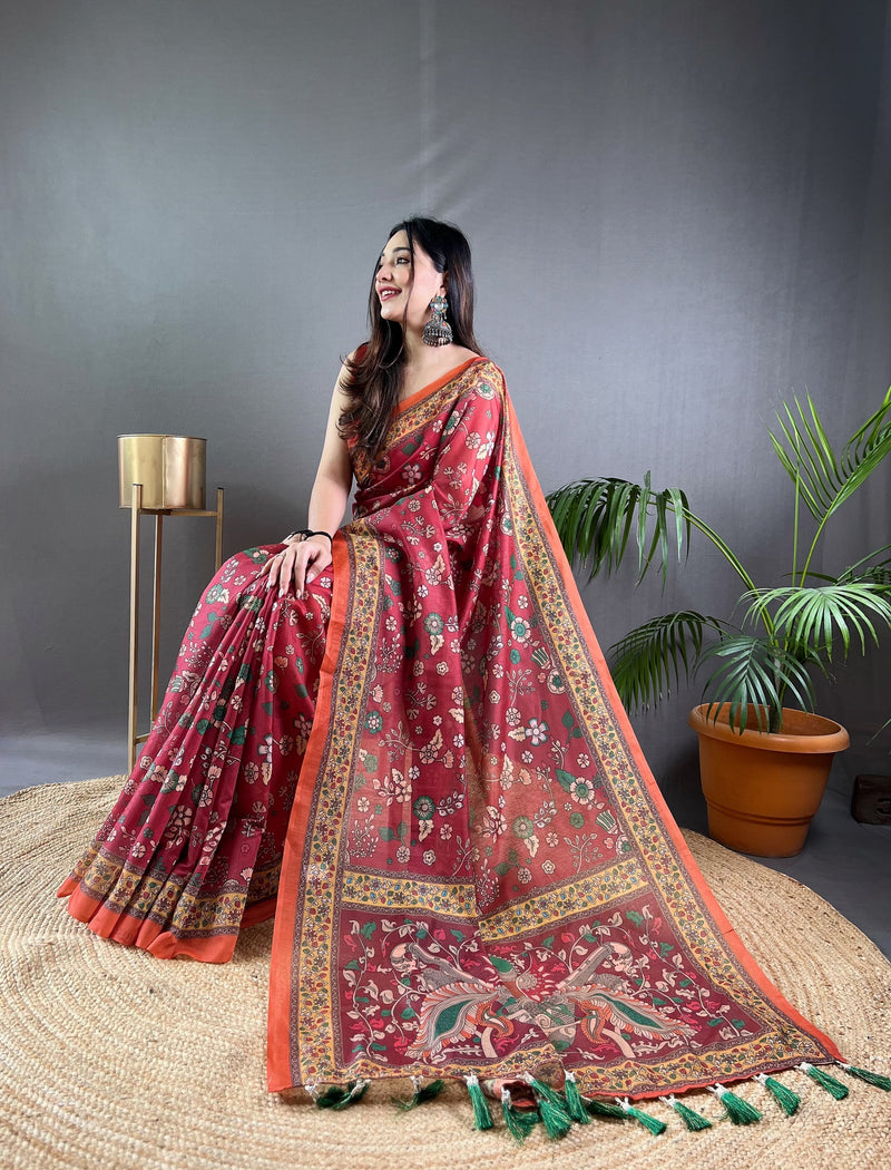 Red Pure Malai Cotton Kalamkari Print Saree