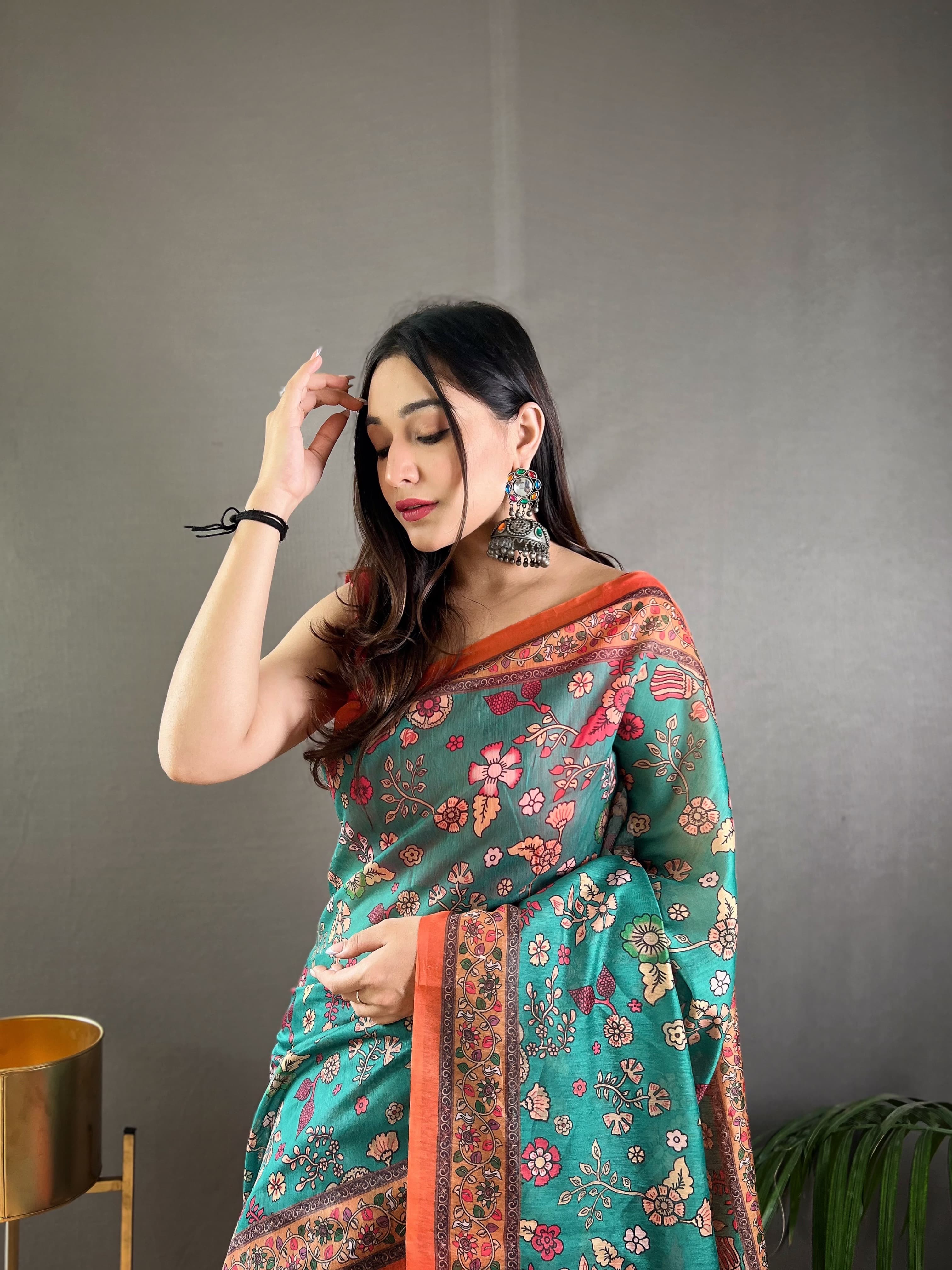 Green Pure Malai Cotton Kalamkari Print Saree