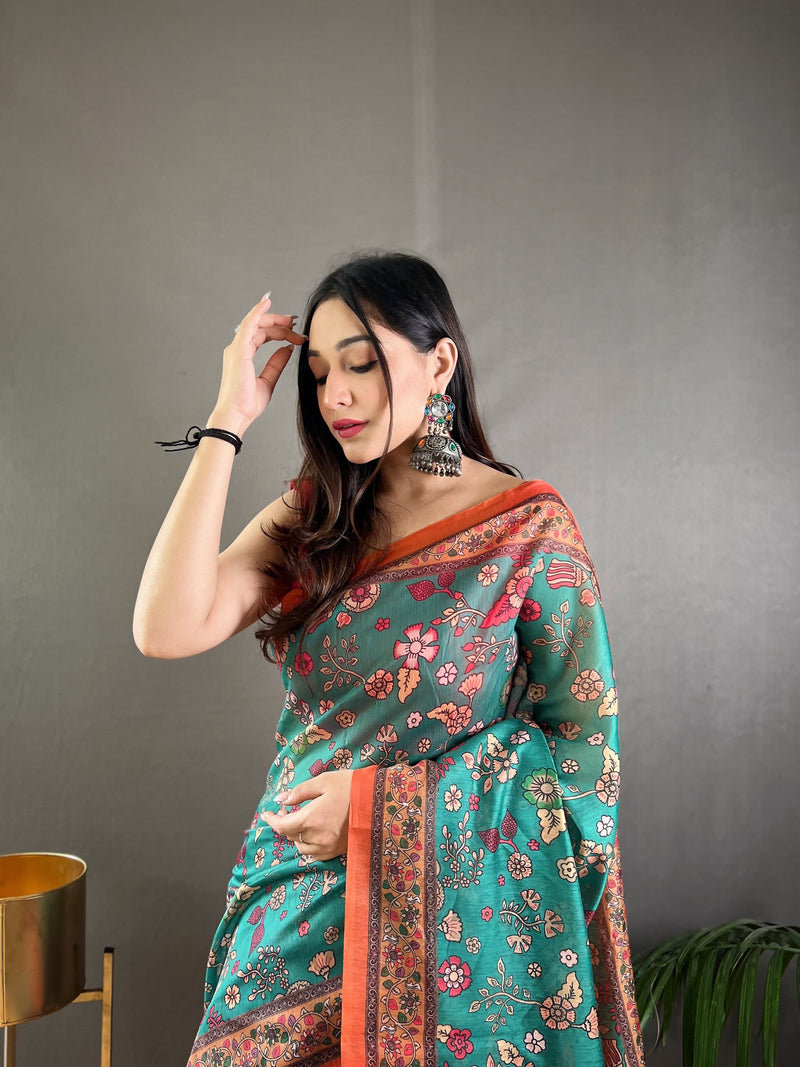 Green Pure Malai Cotton Kalamkari Print Saree