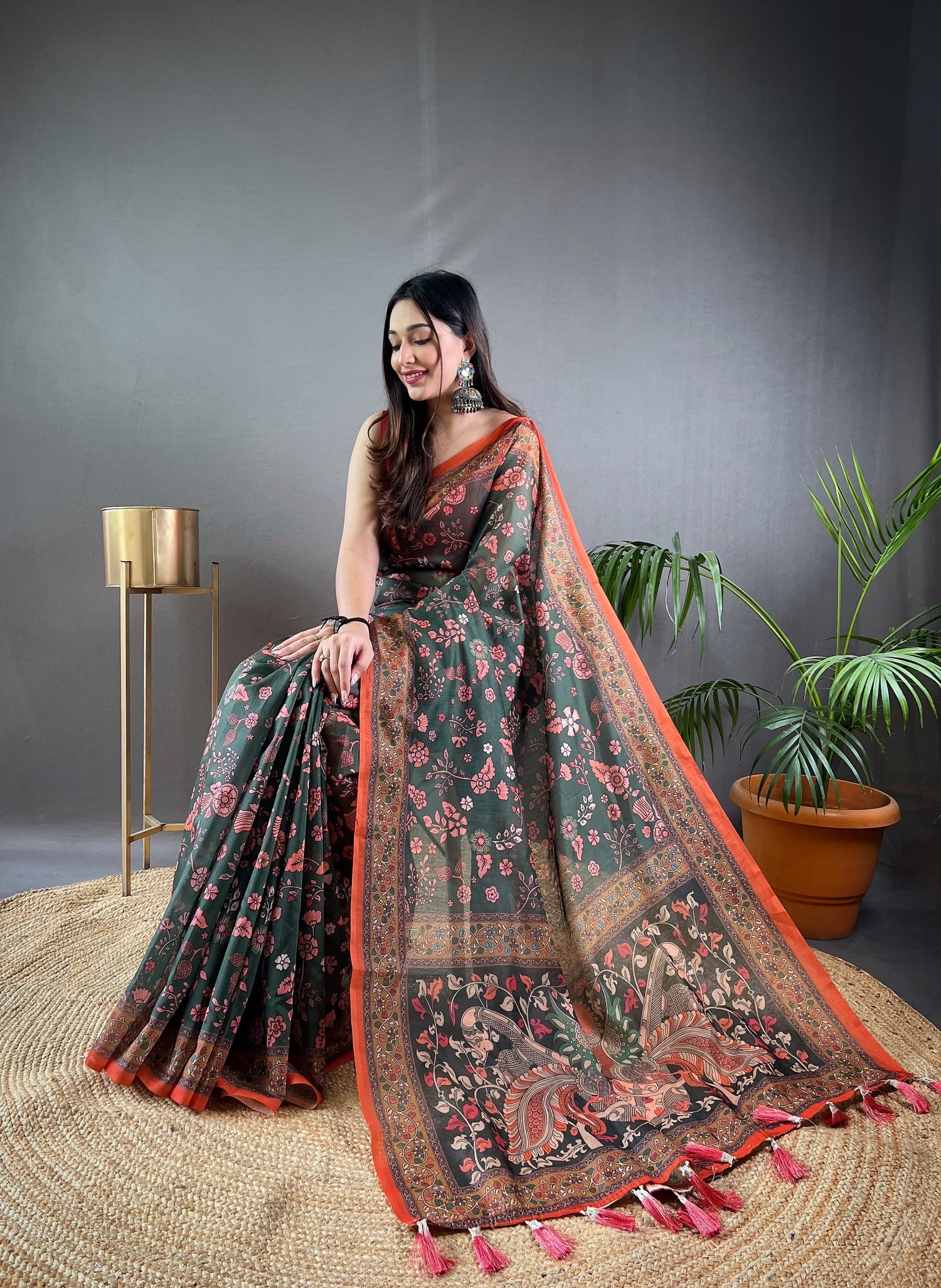 Green Pure Malai Cotton Kalamkari Print Saree Kalamkari Saree Anant Tex Exports Pvt.Ltd..