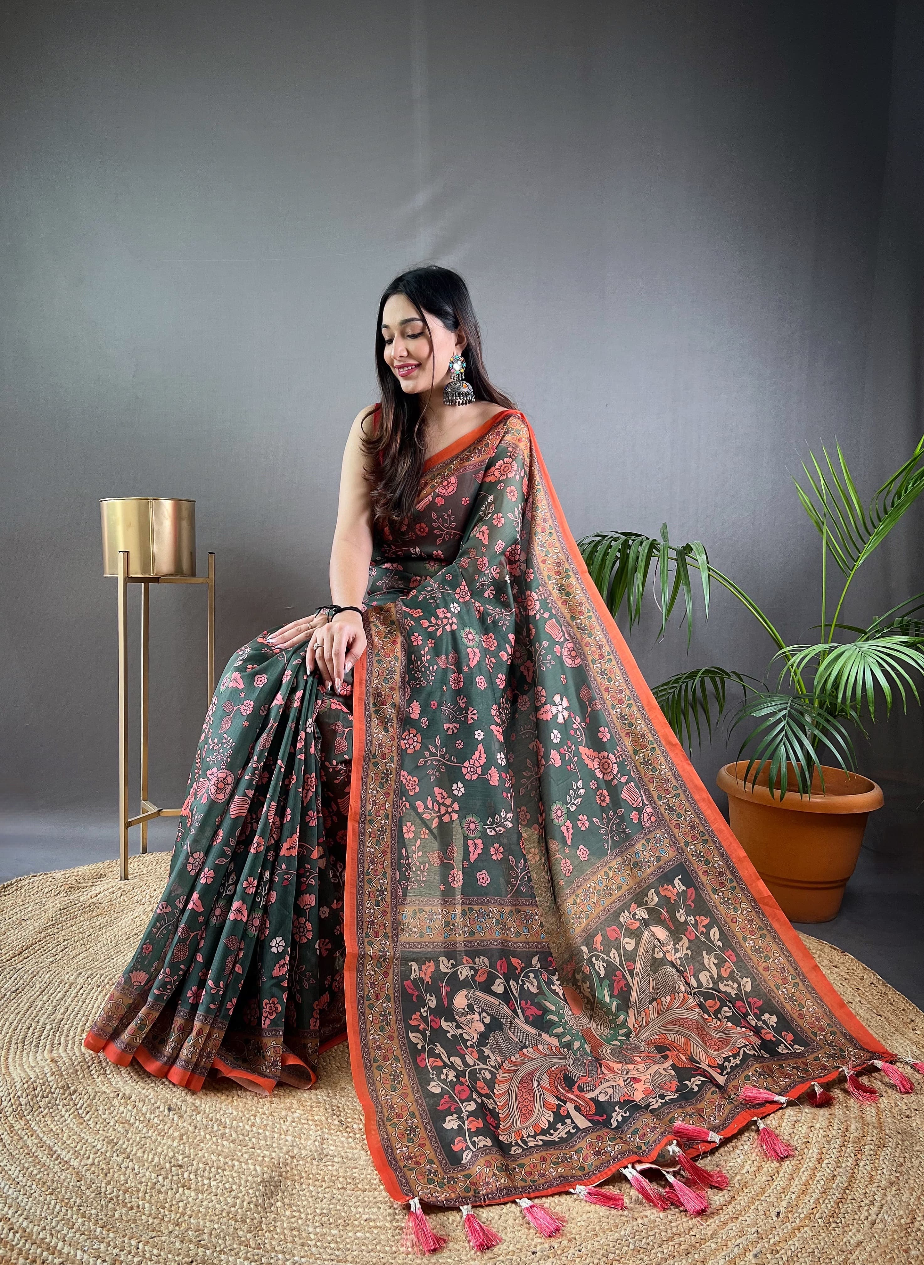 Green Pure Malai Cotton Kalamkari Print Saree Kalamkari Saree Anant Tex Exports Pvt.Ltd..
