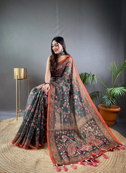 Green Pure Malai Cotton Kalamkari Print Saree Kalamkari Saree Anant Tex Exports Pvt.Ltd..