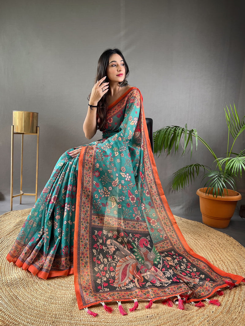 Green Pure Malai Cotton Kalamkari Print Saree