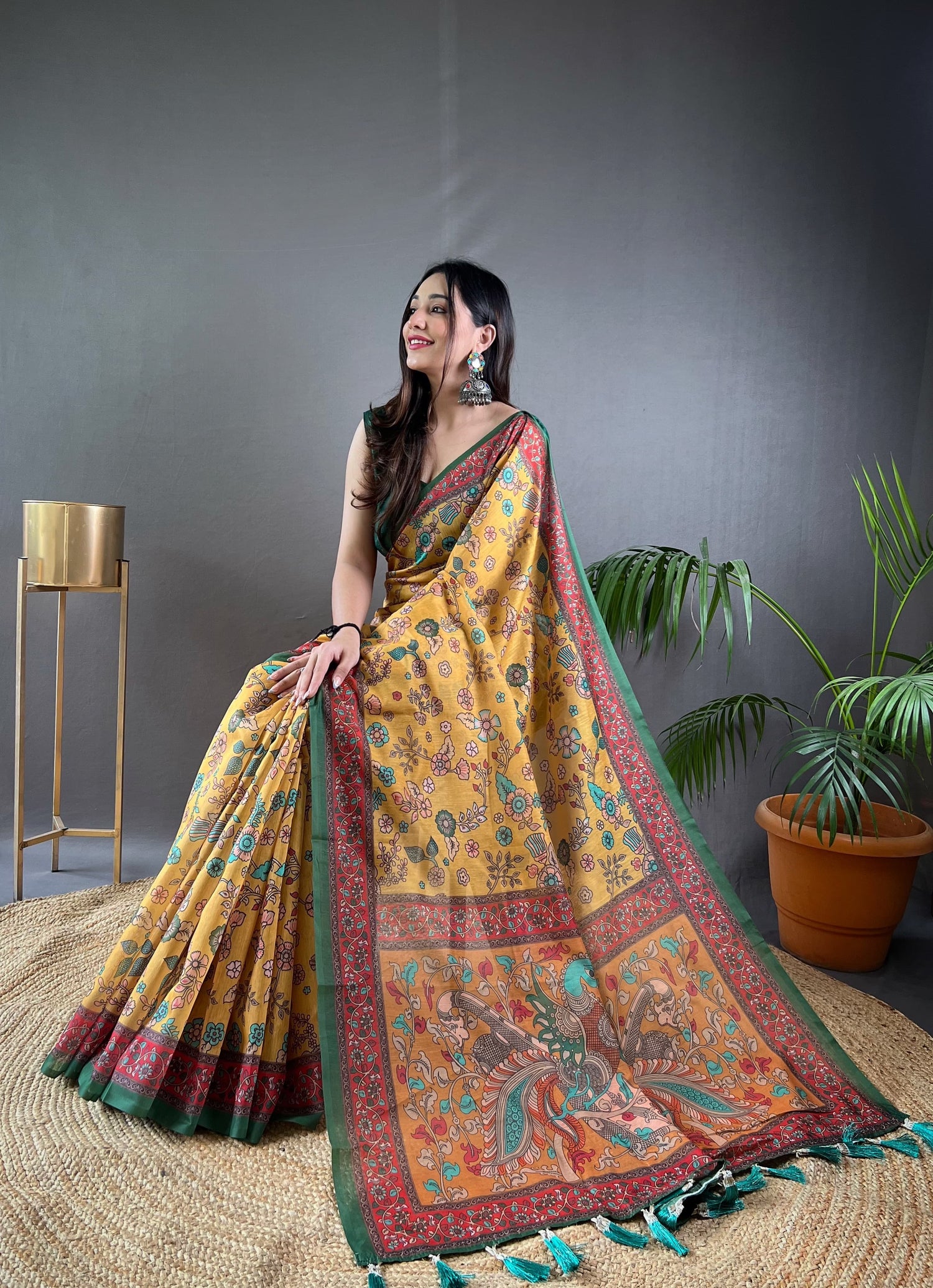 Mustard Pure Malai Cotton Kalamkari Print Saree Kalamkari Saree Anant Tex Exports Pvt.Ltd..