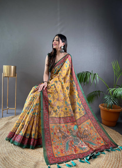 Mustard Pure Malai Cotton Kalamkari Print Saree Kalamkari Saree Anant Tex Exports Pvt.Ltd..