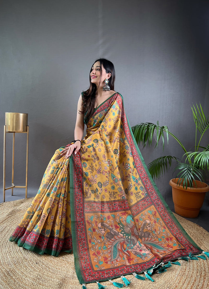 Mustard Pure Malai Cotton Kalamkari Print Saree