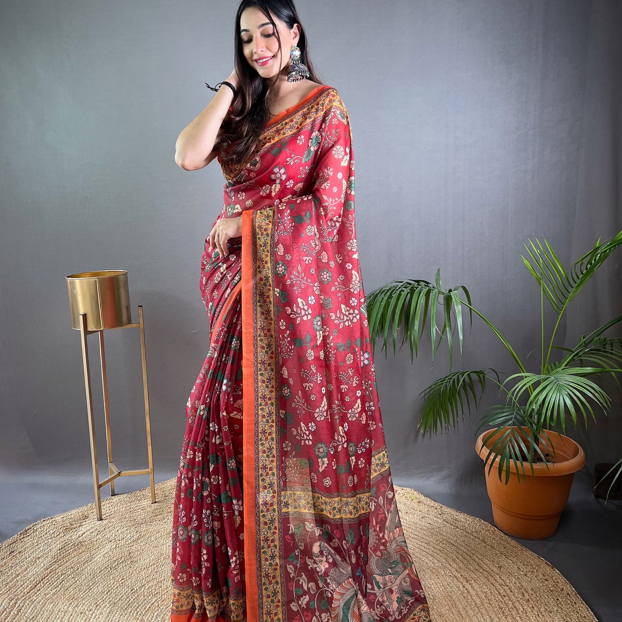 Red Pure Malai Cotton Kalamkari Print Saree