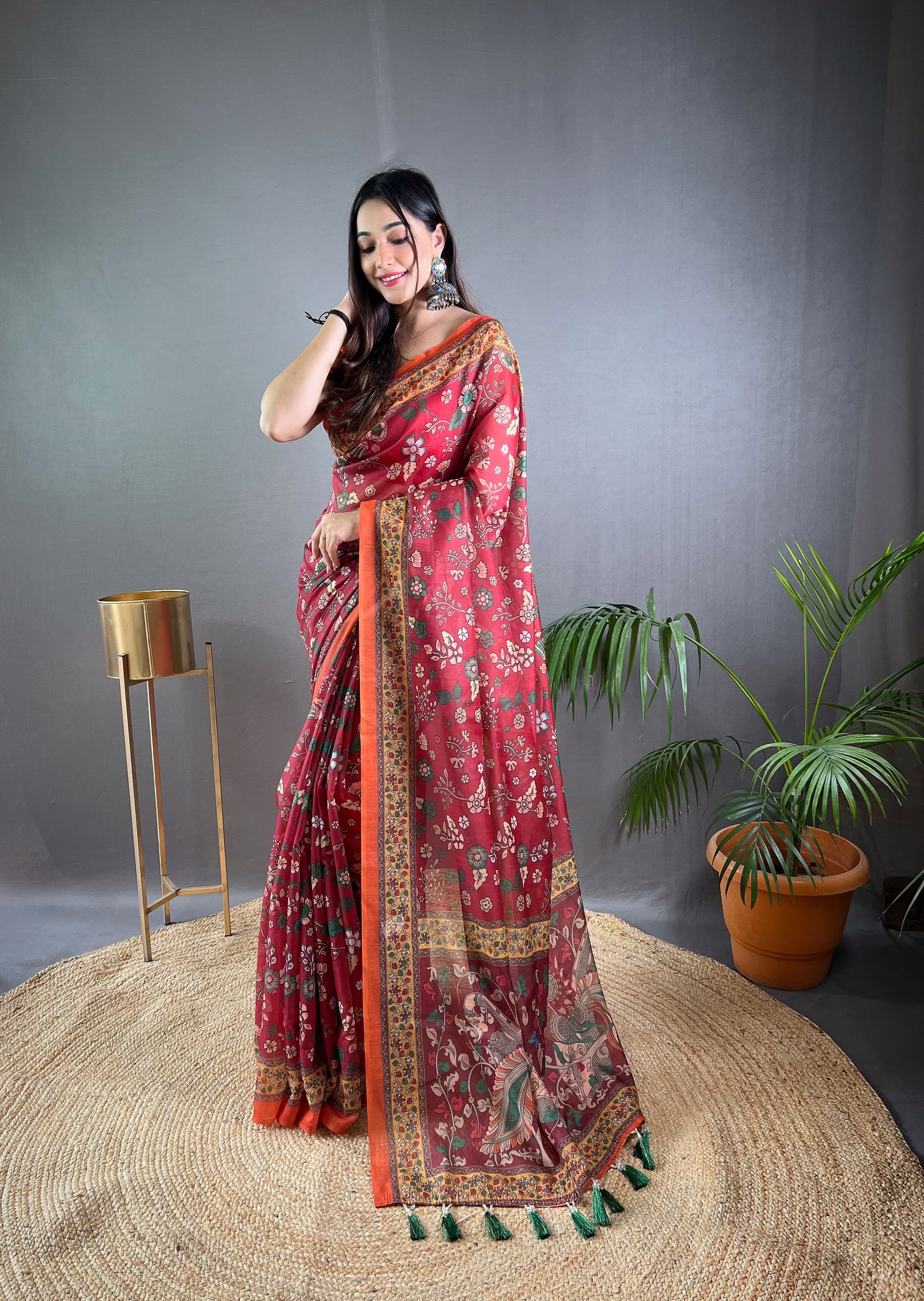 Red Pure Malai Cotton Kalamkari Print Saree