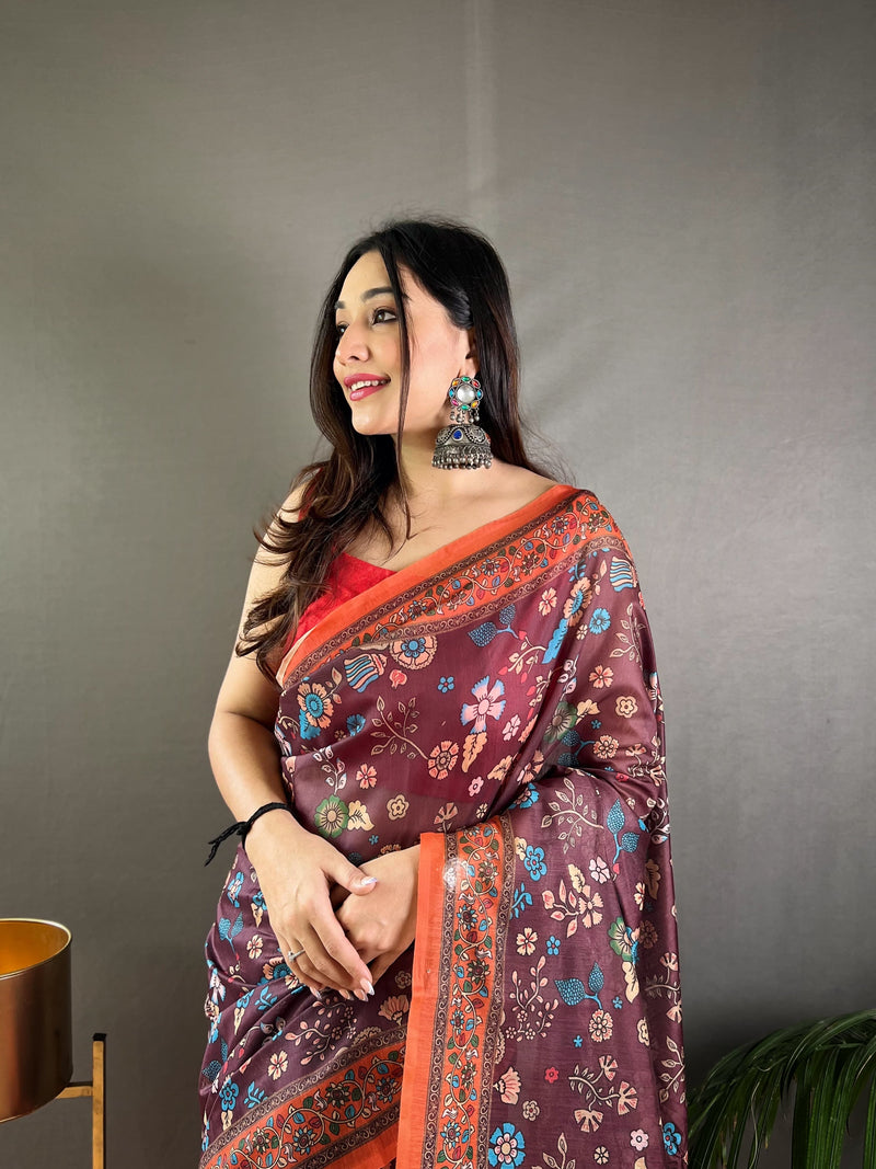 Russett Purple Pure Malai Cotton Kalamkari Print Saree