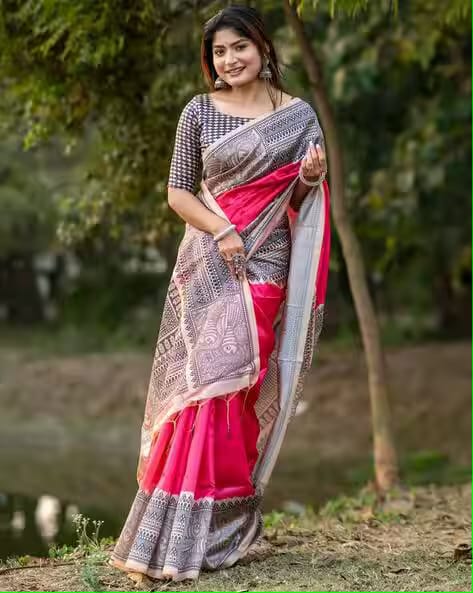 Pink Pure Soft Tussar Silk Madhubani Saree