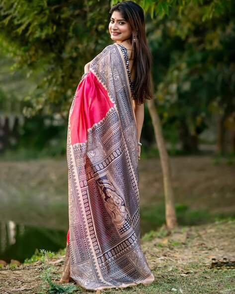 Pink Pure Soft Tussar Silk Madhubani Saree