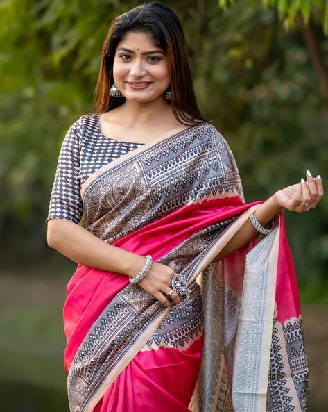 Pink Pure Soft Tussar Silk Madhubani Saree