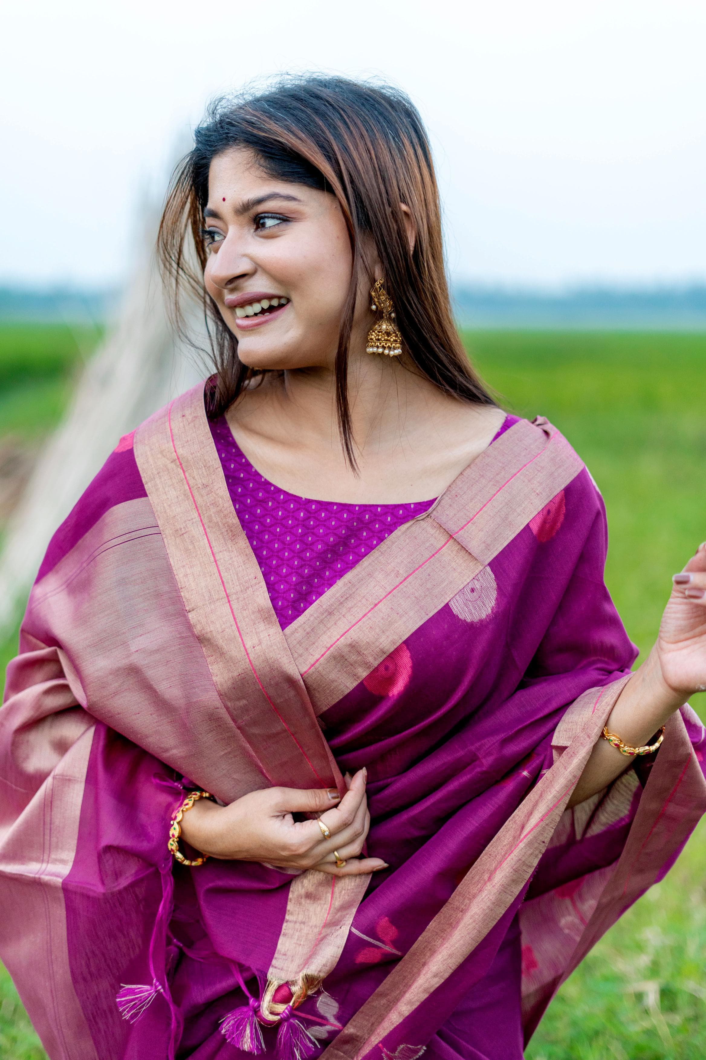 Purple Pure Linen Silk Jamdani Saree Linen Saree Anant Tex Exports Pvt.Ltd..