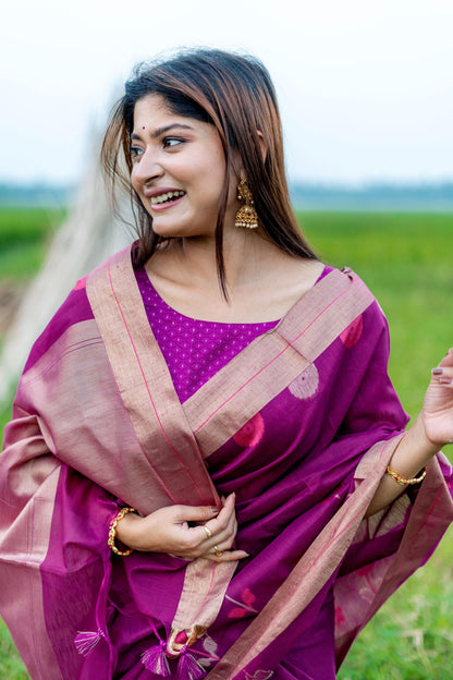 Purple Pure Linen Silk Jamdani Saree Linen Saree Anant Tex Exports Pvt.Ltd..