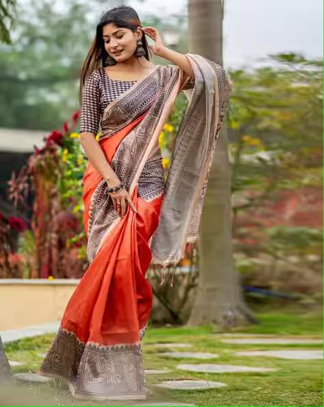 Orange Pure Soft Tussar Silk Madhubani Saree