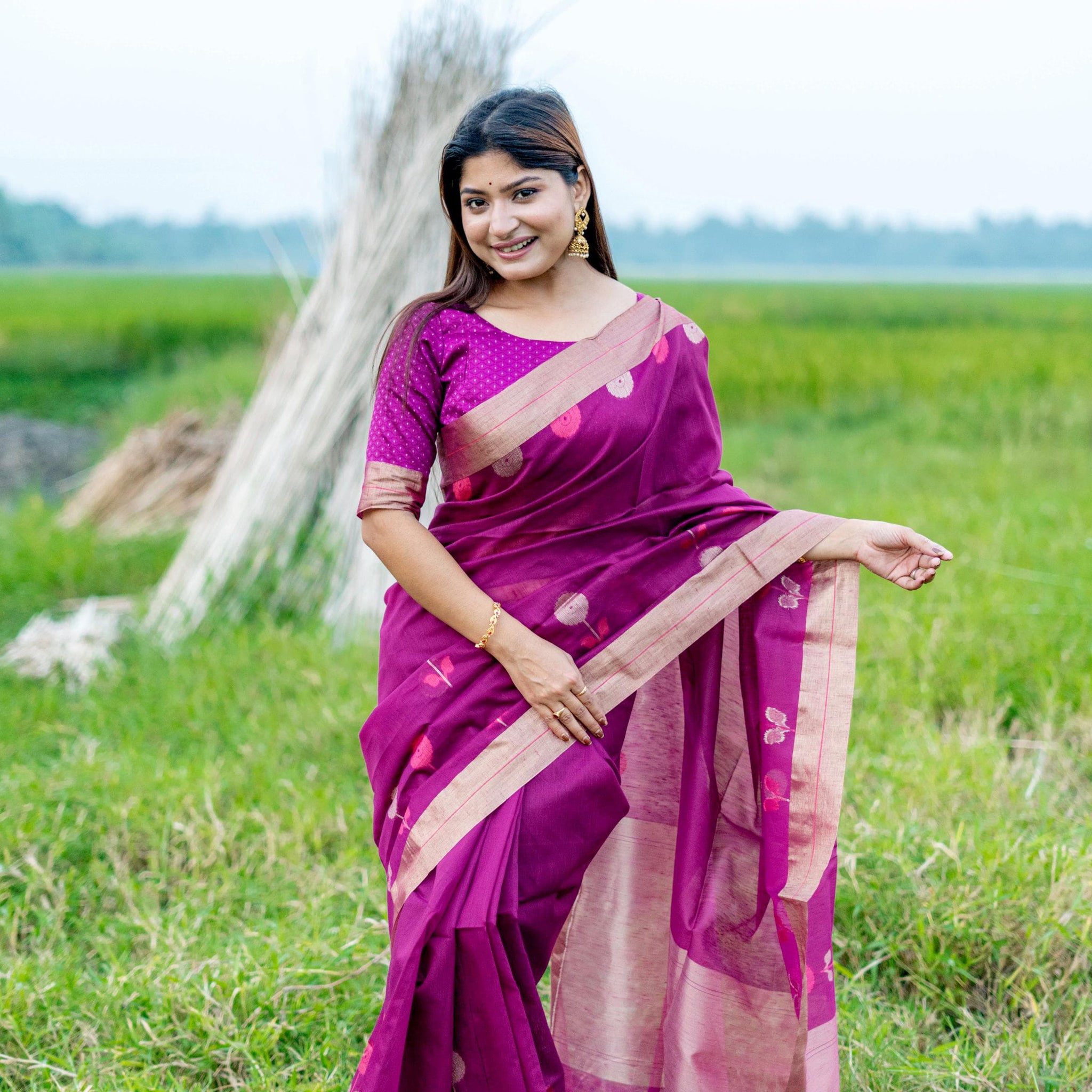 Purple Pure Linen Silk Jamdani Saree