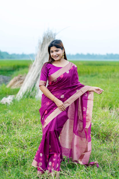 Purple Pure Linen Silk Jamdani Saree Linen Saree Anant Tex Exports Pvt.Ltd..