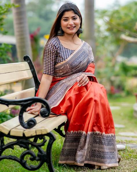 Orange Pure Soft Tussar Silk Madhubani Saree