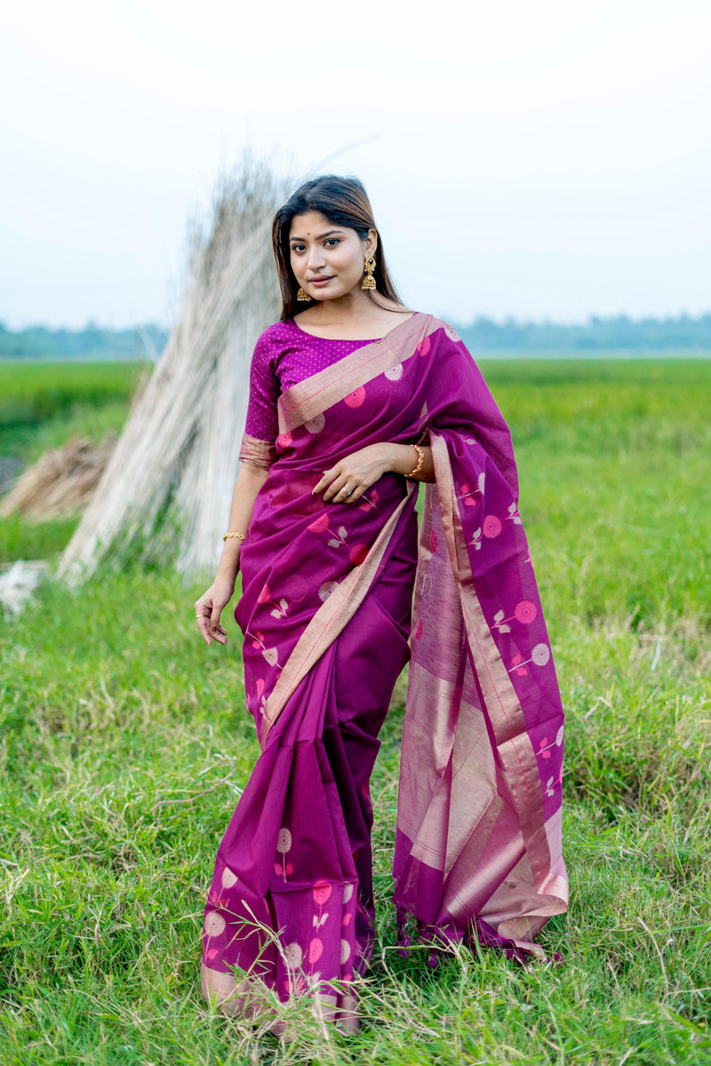 Purple Pure Linen Silk Jamdani Saree