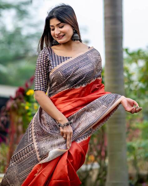 Orange Pure Soft Tussar Silk Madhubani Saree