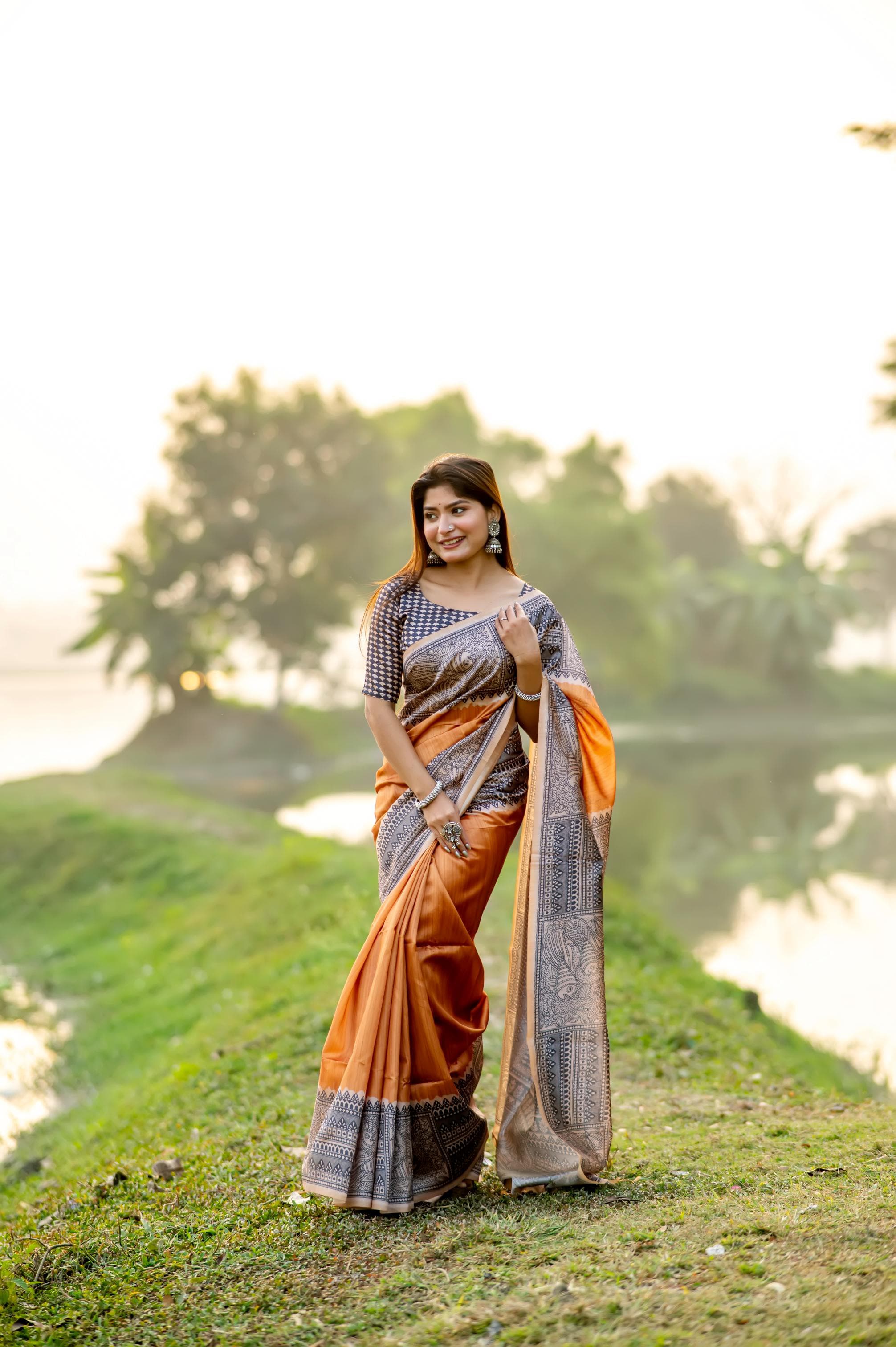 Mustard Pure Soft Tussar Silk Madhubani Saree Tussar Saree Anant Tex Exports Pvt.Ltd..