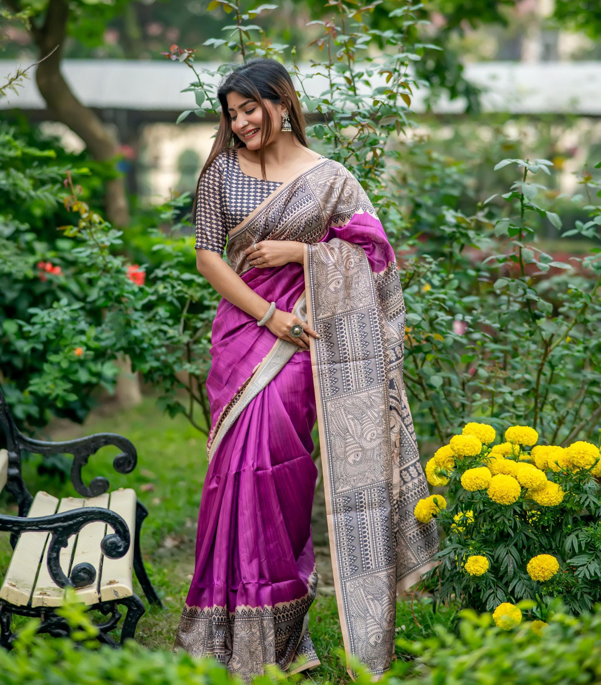 Purple Pure Soft Tussar Silk Madhubani Saree