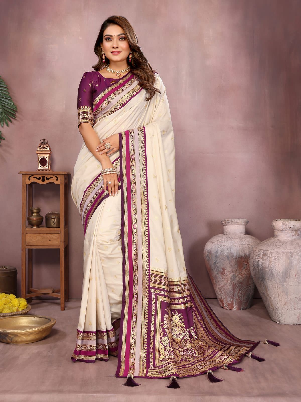 Beige Pure Handloom Kalamkari Silk Saree