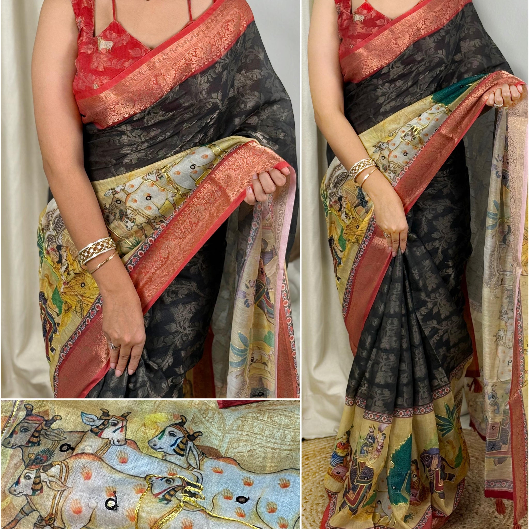 Black Pure Soft Cotton Jacquard Saree