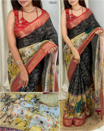 Black Pure Soft Cotton Jacquard Saree
