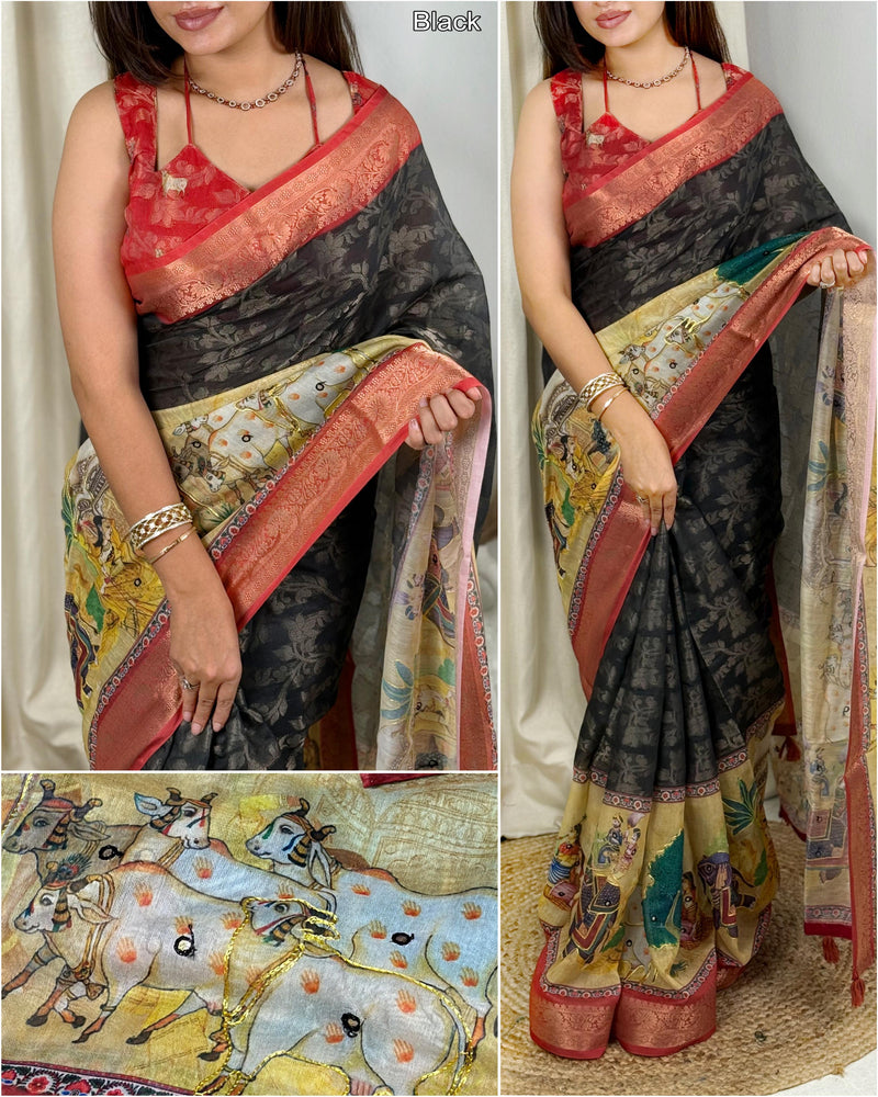 Black Pure Soft Cotton Jacquard Saree