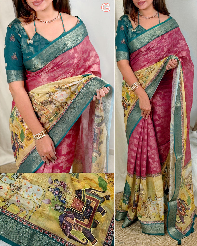 Pink Pure Soft Cotton Jacquard Saree