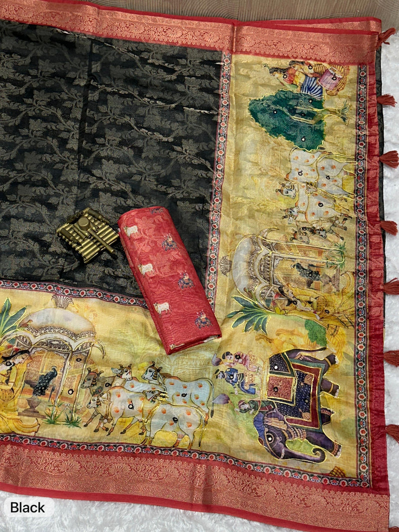 Black Pure Soft Cotton Jacquard Saree