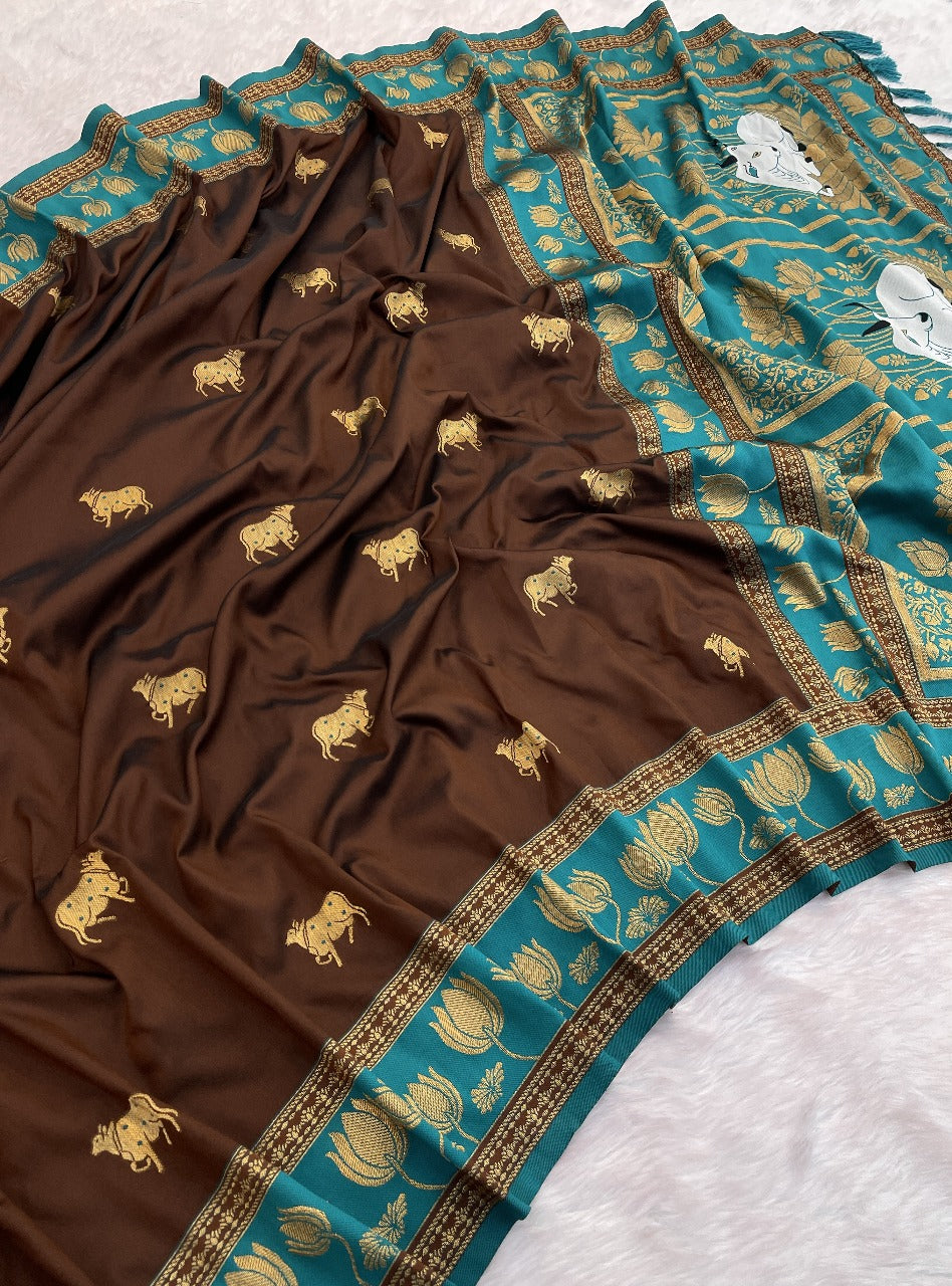 Coffee Soft Silk Pichwai Traditional Zari Paithani Saree