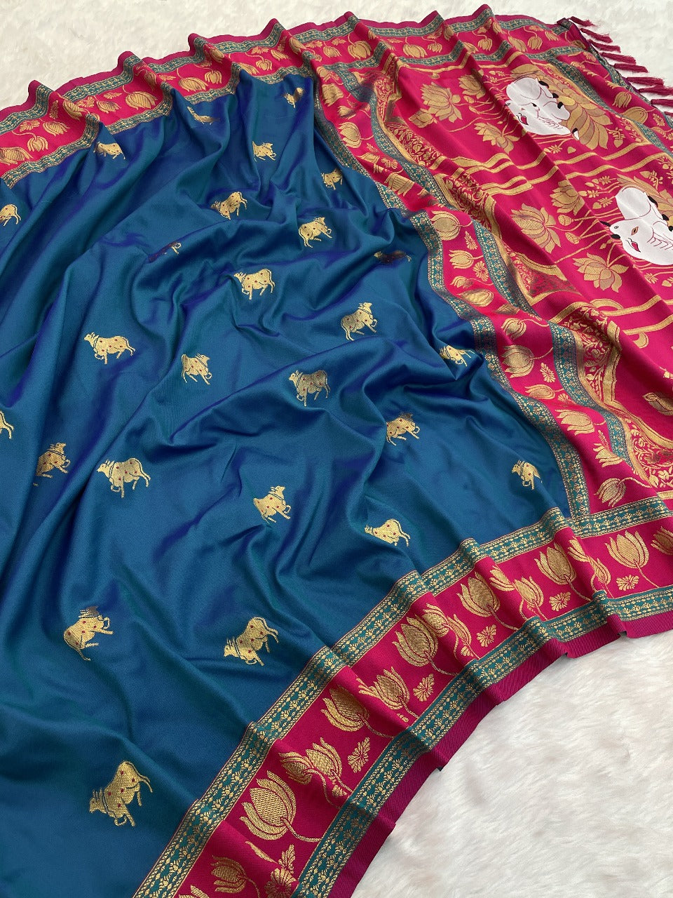 Blue Soft Silk Pichwai Traditional Zari Paithani Saree