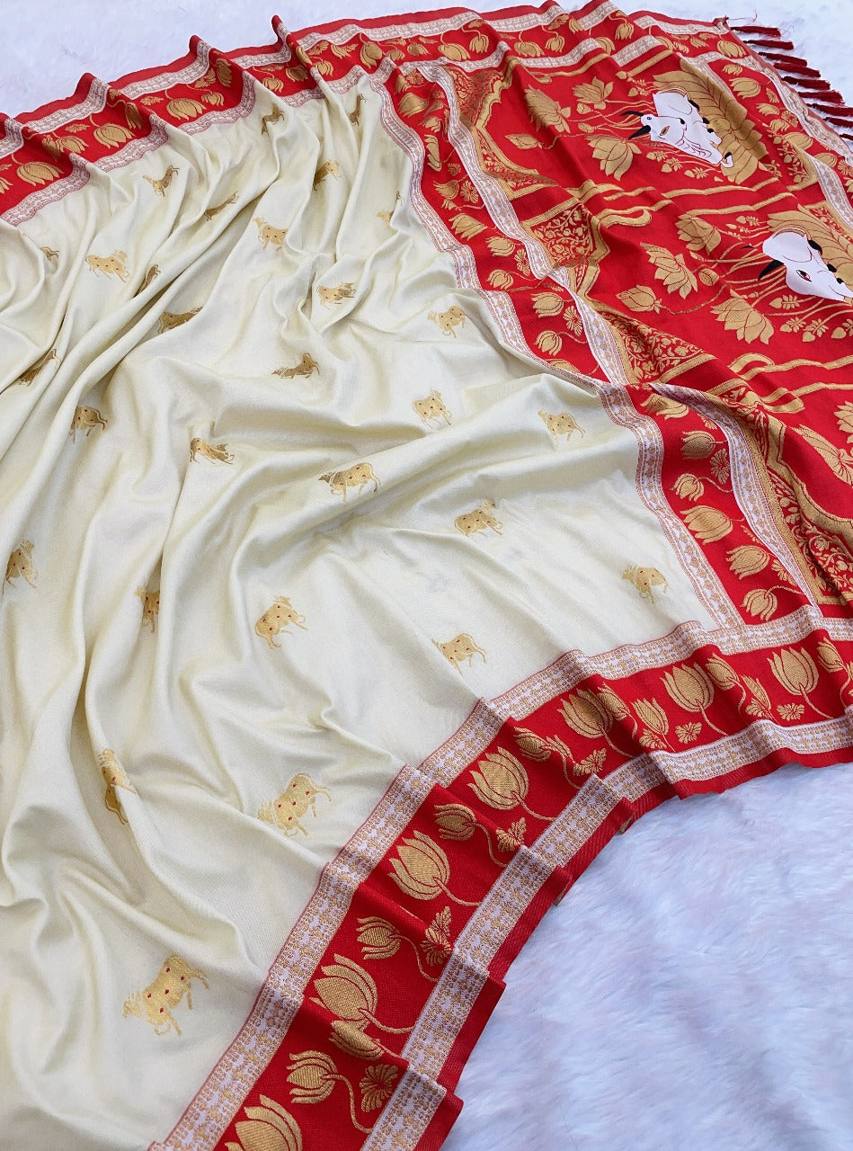 Cream Soft Silk Pichwai Traditional Zari Paithani Saree