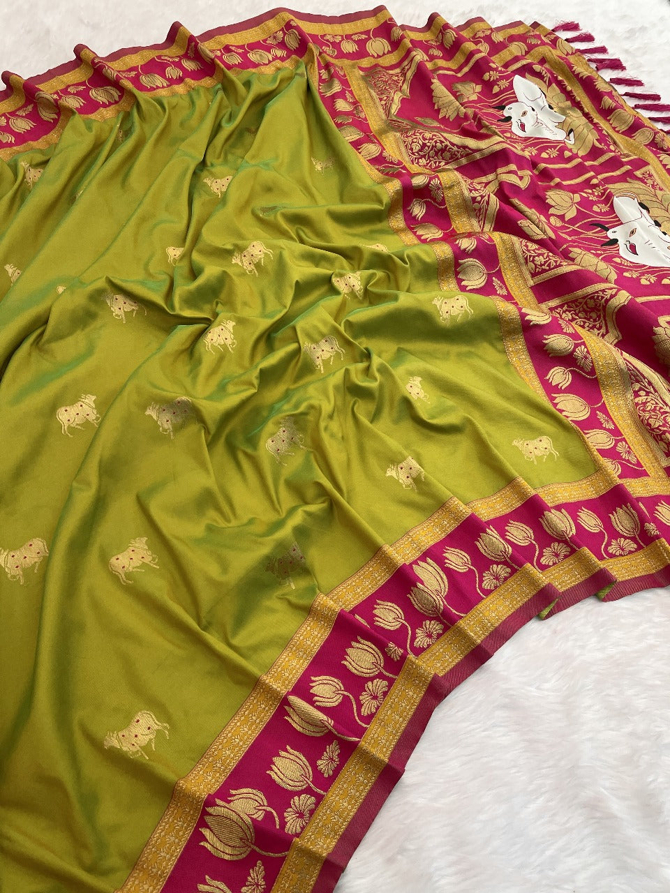 Mehendi Soft Silk Pichwai Traditional Zari Paithani Saree