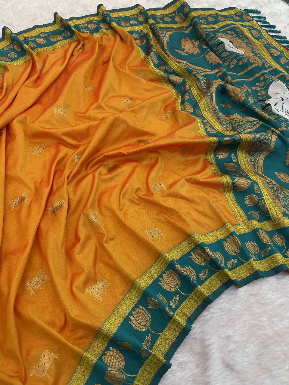 Orange Soft Silk Pichwai Traditional Zari Paithani Saree