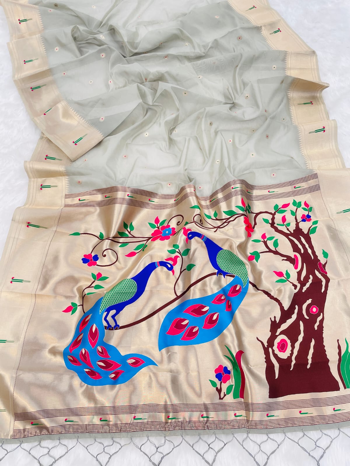 Grey Organza Paithani Zari Organza Saree