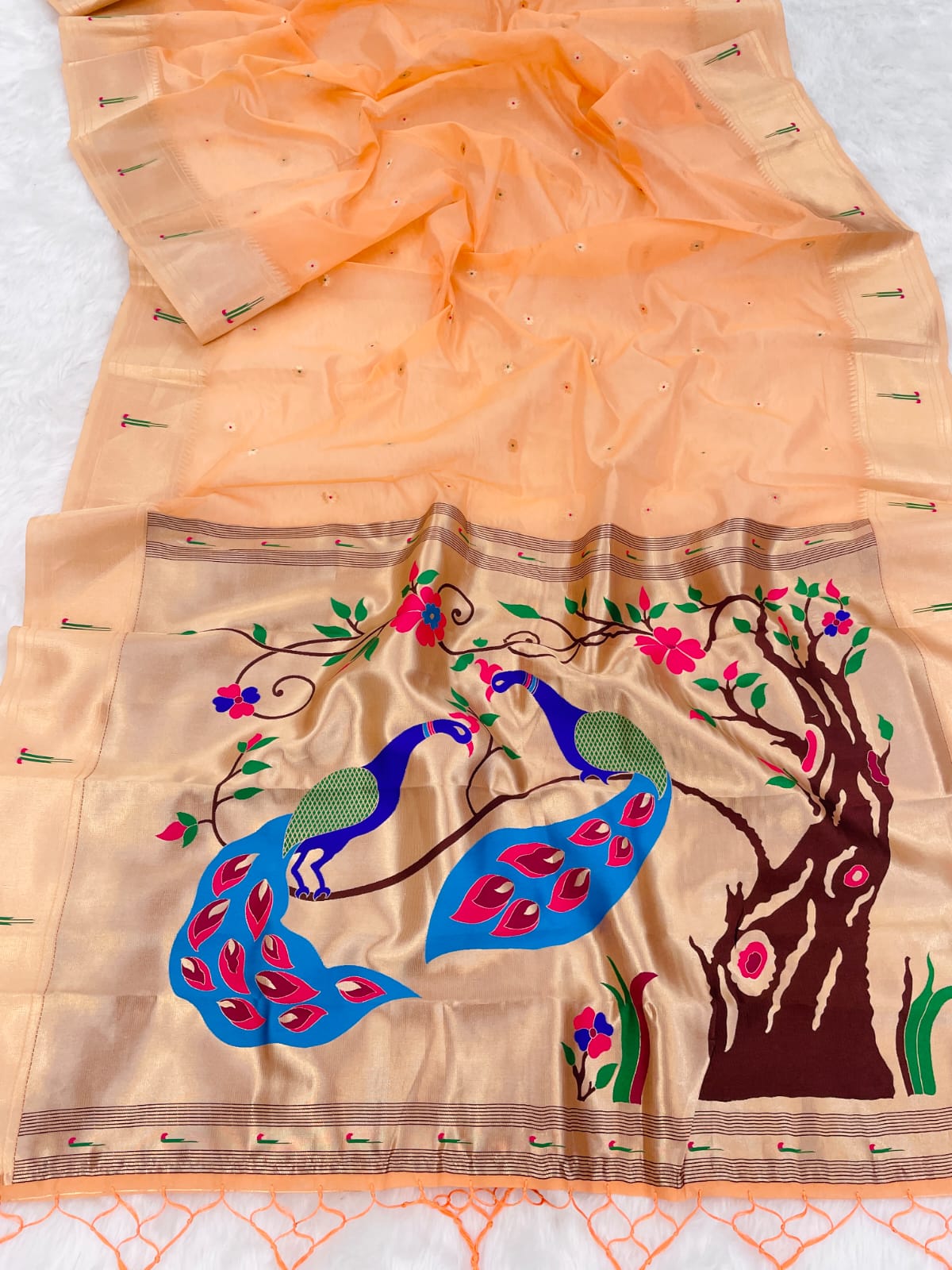 Peach Organza Paithani Zari Organza Saree
