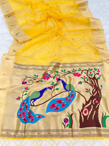 Yellow Organza Paithani Zari Organza Saree Organza Saree Anant Tex Exports Pvt.Ltd..