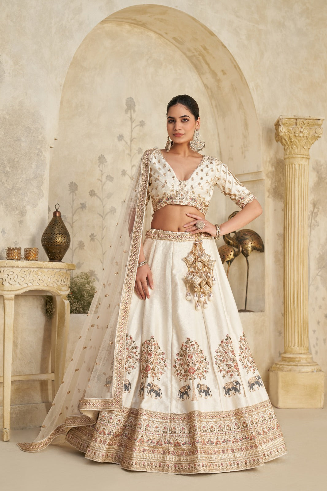Ivory Royal Silk Lehenga with Elephant Zari Embroidery