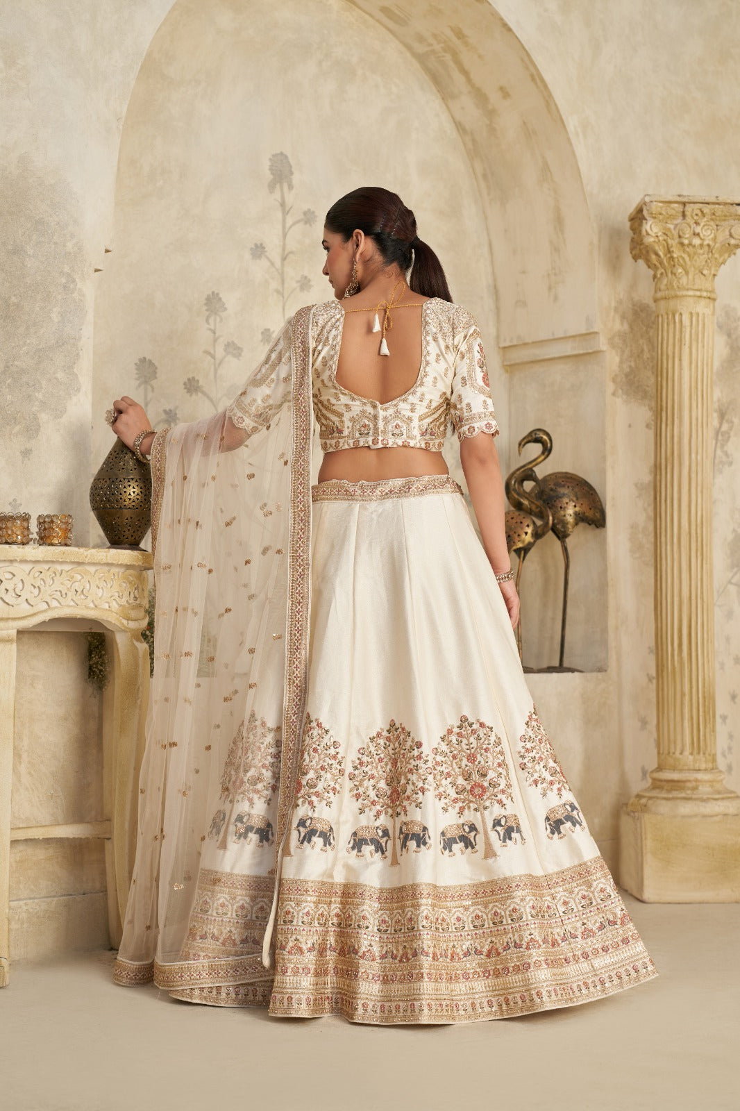 Ivory Royal Silk Lehenga with Elephant Zari Embroidery