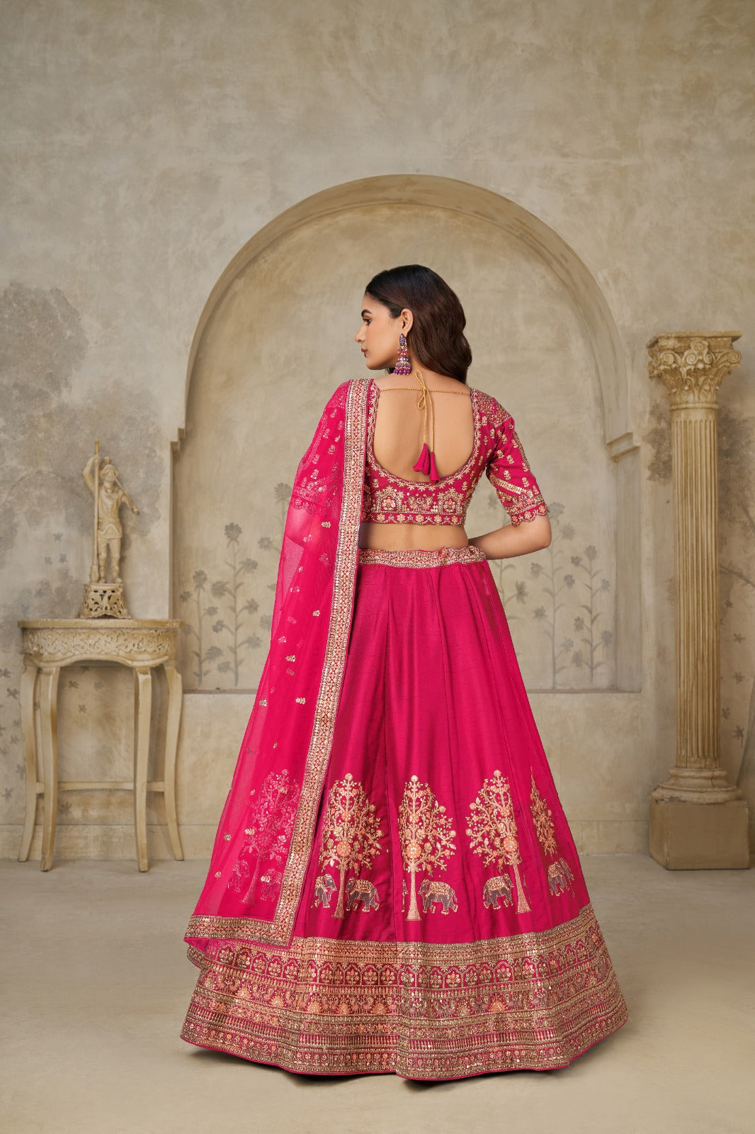 Rani Pink Silk Lehenga with Golden Elephant Embroidery
