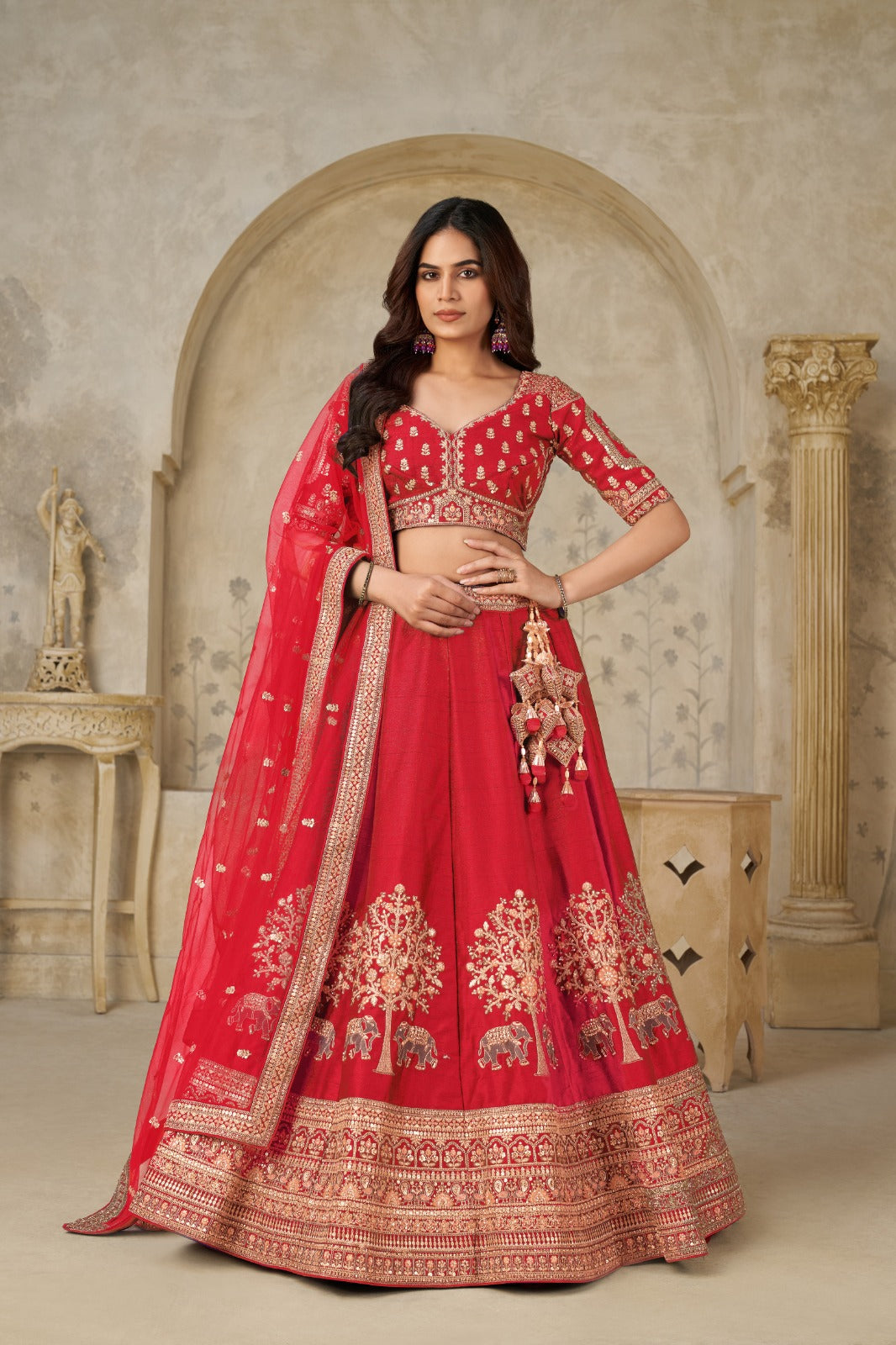 Red Silk Lehenga with Handcrafted Elephant Zari & Embroidered Blouse