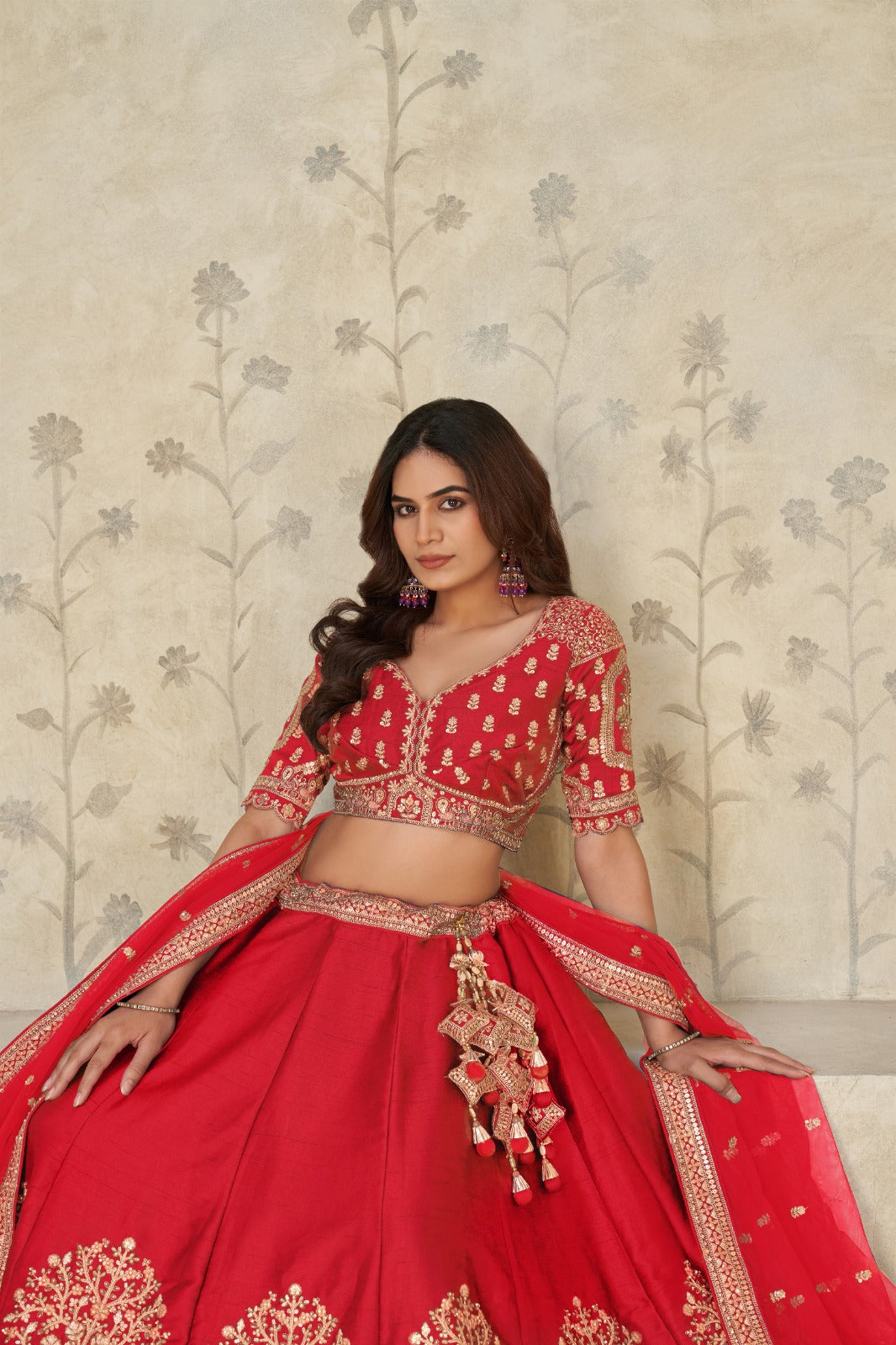 Red Silk Lehenga with Handcrafted Elephant Zari & Embroidered Blouse