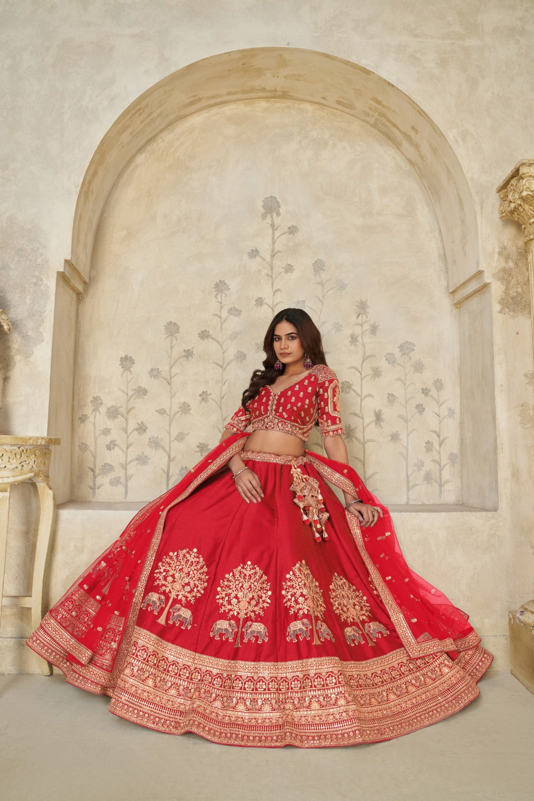 Red Silk Lehenga with Handcrafted Elephant Zari & Embroidered Blouse