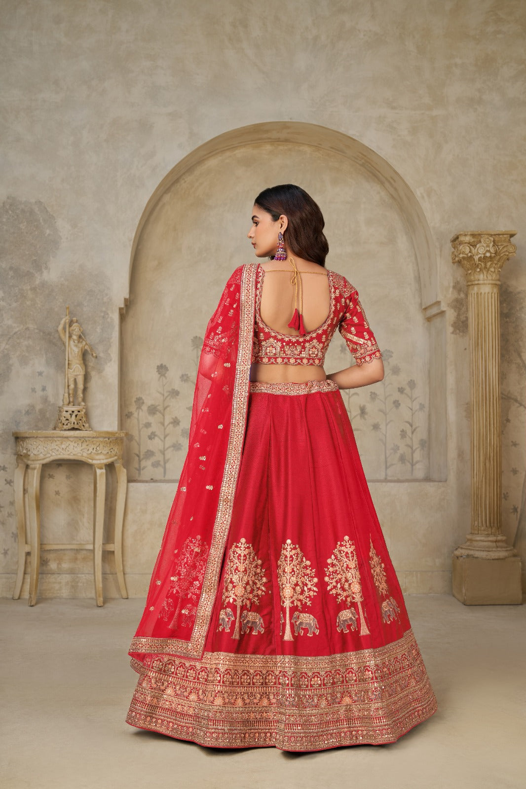 Red Silk Lehenga with Handcrafted Elephant Zari & Embroidered Blouse