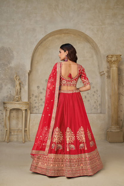 Red Silk Lehenga with Handcrafted Elephant Zari &amp; Embroidered Blouse Silk lehenga Anant Tex Exports Pvt.Ltd..