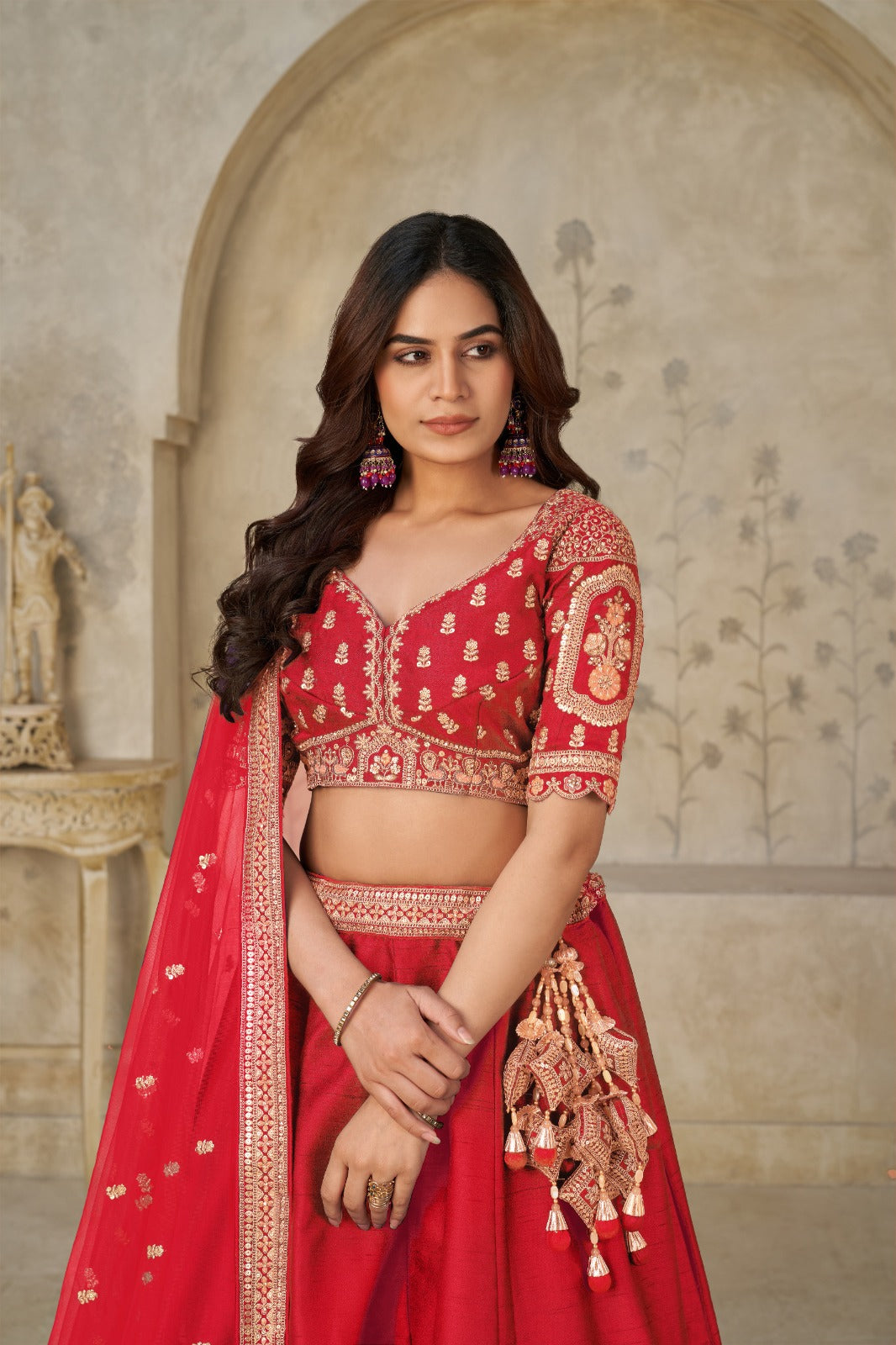 Red Silk Lehenga with Handcrafted Elephant Zari & Embroidered Blouse