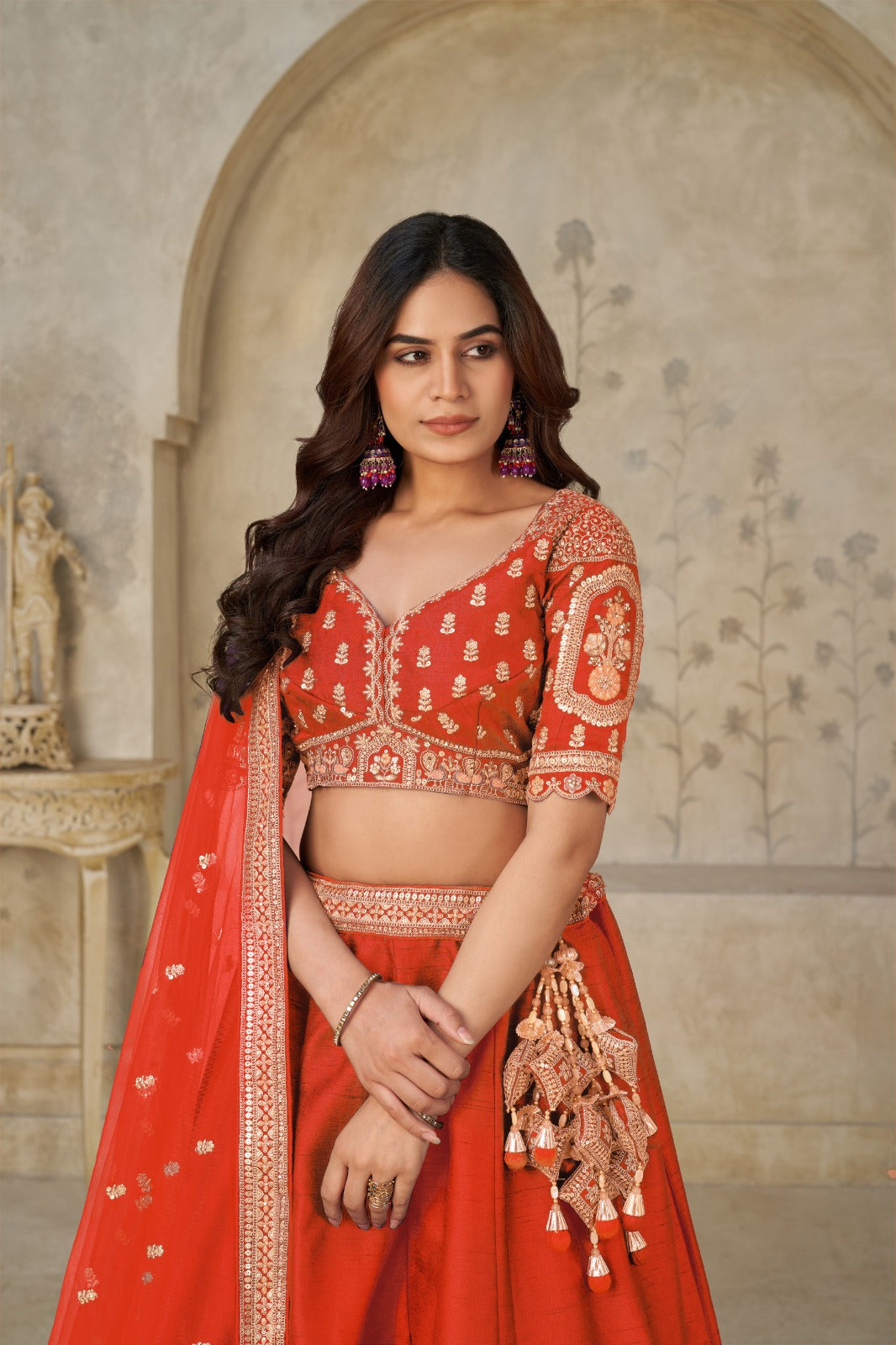 Orange Bridal Zari Embroidered Silk Lehenga with Dupatta